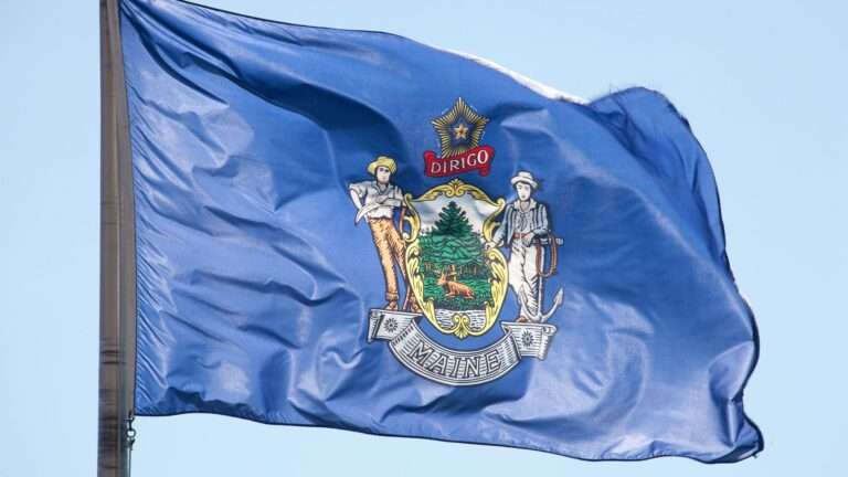 maine state flag flying on a poll