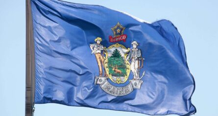 maine state flag flying on a poll