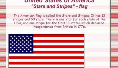 united states flag in picture and information written about 13 stripes and 50 stars.