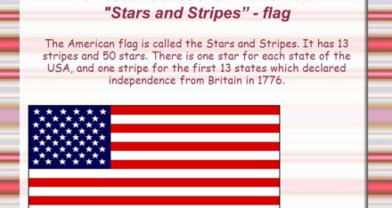 united states flag in picture and information written about 13 stripes and 50 stars.